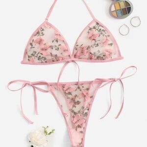 Lingerie Set Butterfly Embroidery Mesh‎ Pink, Large